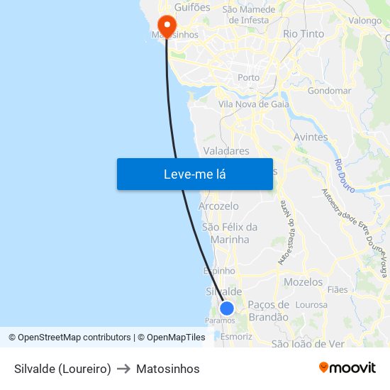 Silvalde (Loureiro) to Matosinhos map