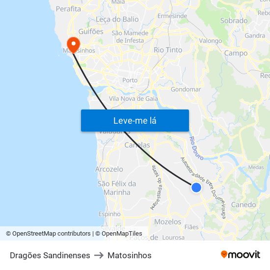 Dragões Sandinenses to Matosinhos map