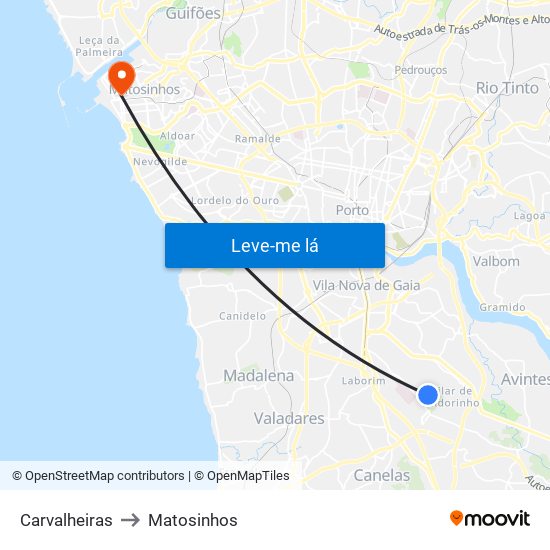 Carvalheiras to Matosinhos map