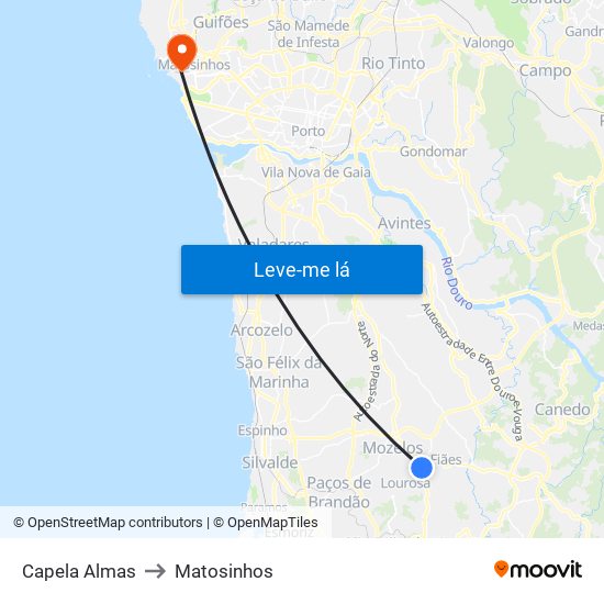 Capela Almas to Matosinhos map