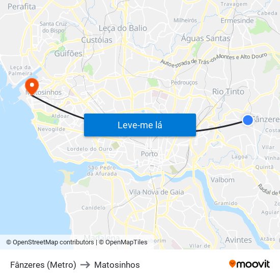 Fânzeres (Metro) to Matosinhos map