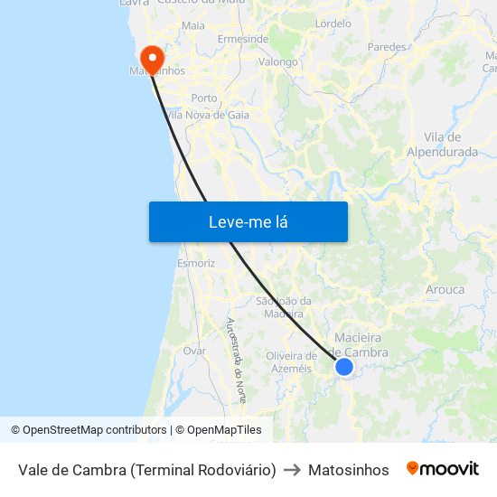 Vale de Cambra (Terminal Rodoviário) to Matosinhos map