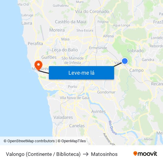 Valongo (Continente / Biblioteca) to Matosinhos map