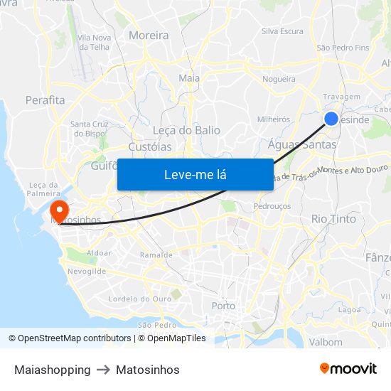 Maiashopping to Matosinhos map
