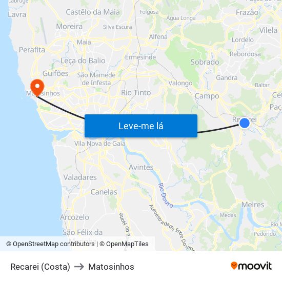 Recarei (Costa) to Matosinhos map