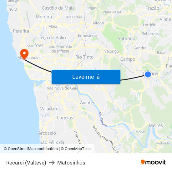 Recarei (Valteve) to Matosinhos map