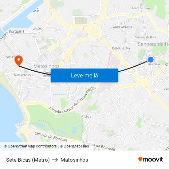 Sete Bicas (Metro) to Matosinhos map