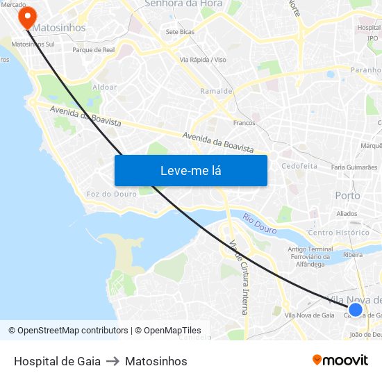 Hospital de Gaia to Matosinhos map