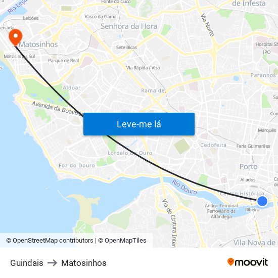 Guindais to Matosinhos map
