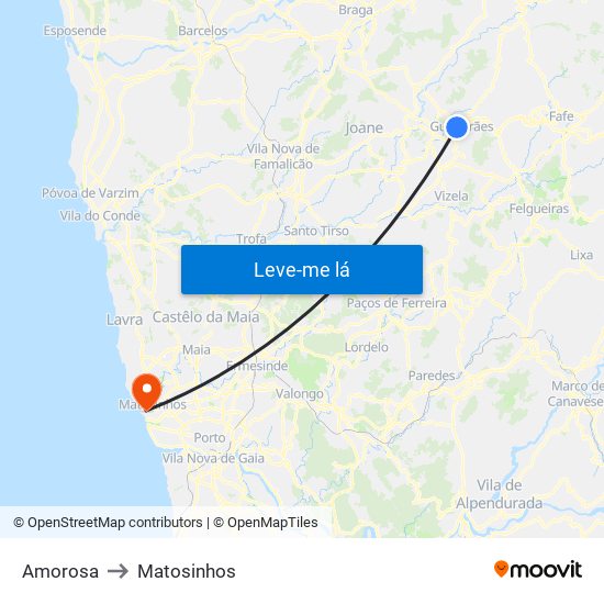 Amorosa to Matosinhos map