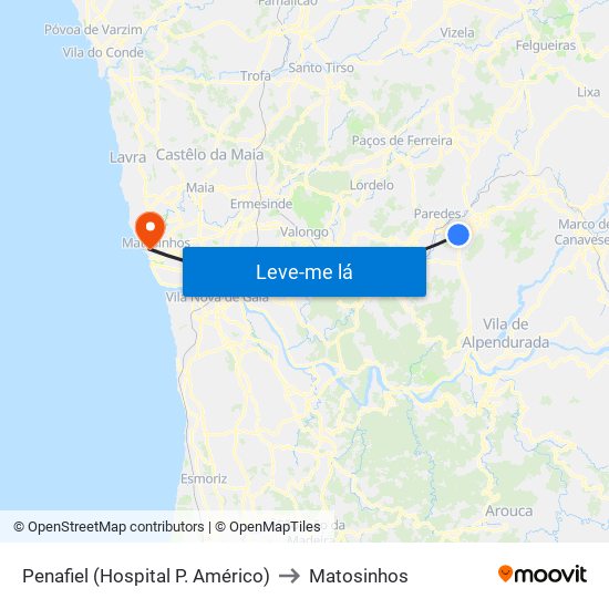 Penafiel (Hospital P. Américo) to Matosinhos map