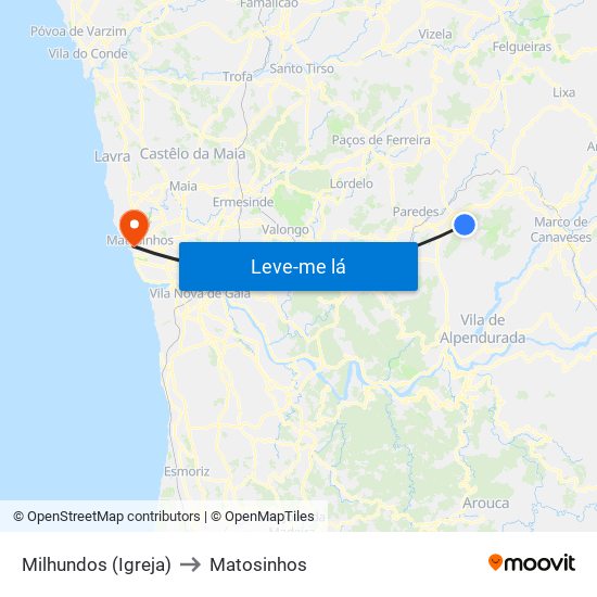 Milhundos (Igreja) to Matosinhos map