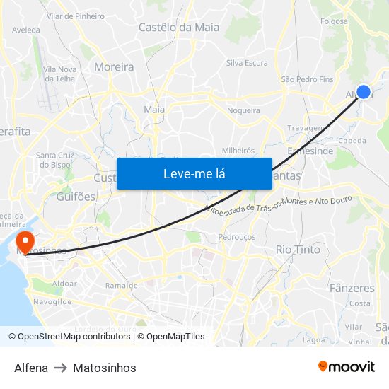 Alfena to Matosinhos map