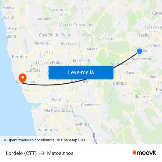 Lordelo (CTT) to Matosinhos map