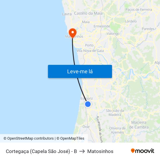 Cortegaça (Capela São José) - B to Matosinhos map