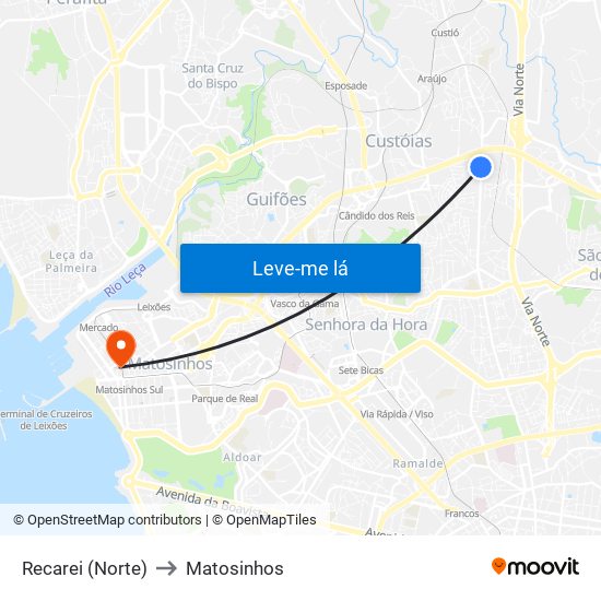 Recarei (Norte) to Matosinhos map