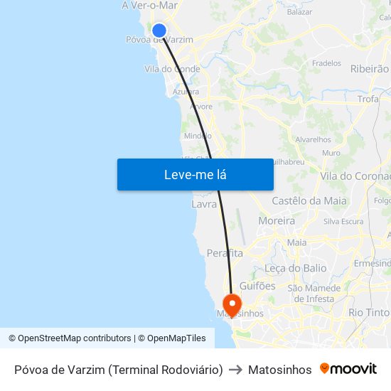 Póvoa de Varzim (Terminal Rodoviário) to Matosinhos map