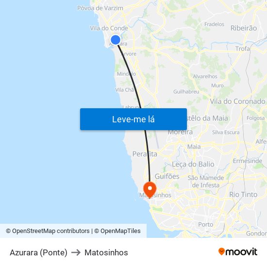 Azurara (Ponte) to Matosinhos map