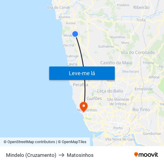 Mindelo (Cruzamento) to Matosinhos map