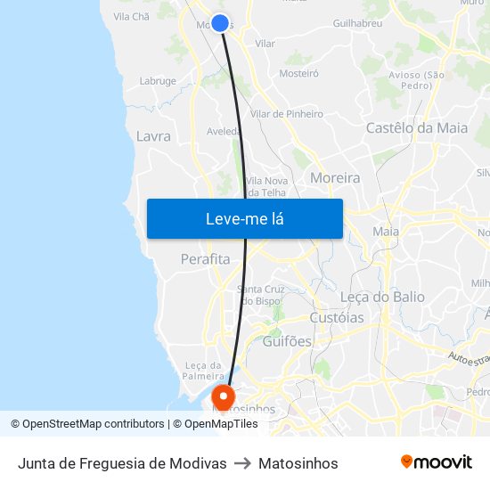 Junta de Freguesia de Modivas to Matosinhos map