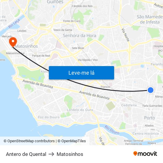 Antero de Quental to Matosinhos map
