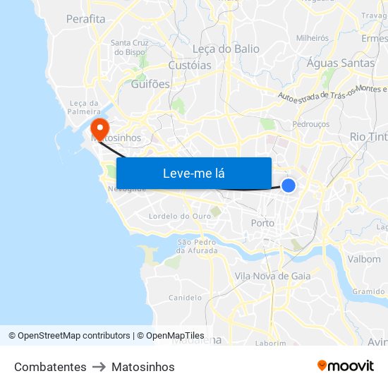 Combatentes to Matosinhos map