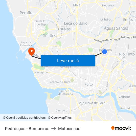 Pedrouços - Bombeiros to Matosinhos map