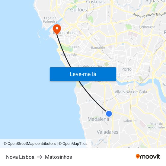 Nova Lisboa to Matosinhos map