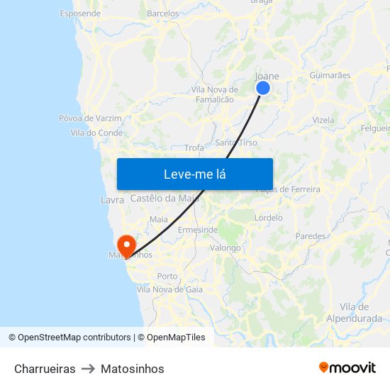 Charrueiras to Matosinhos map