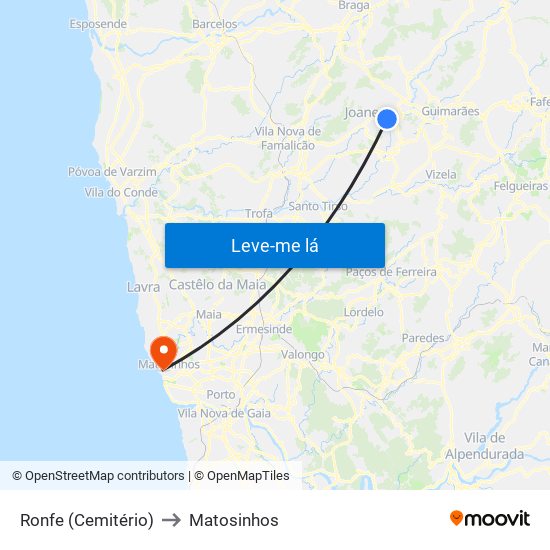 Ronfe (Cemitério) to Matosinhos map