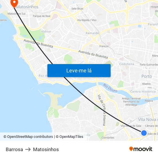 Barrosa to Matosinhos map