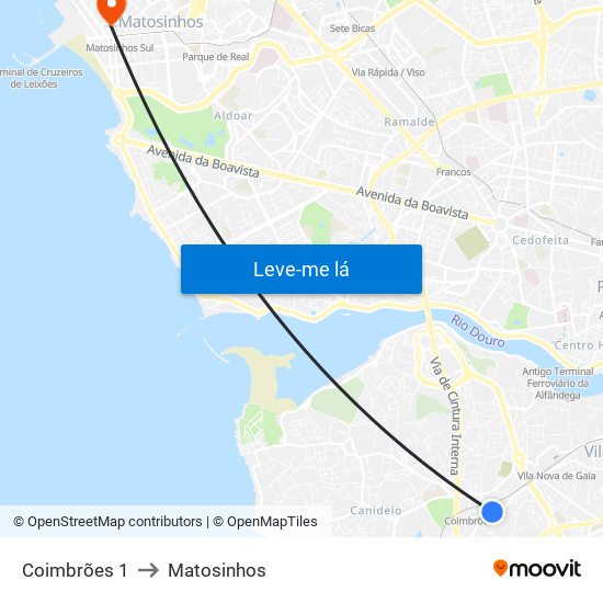 Coimbrões 1 to Matosinhos map