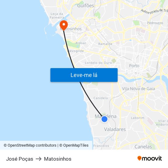 José Poças to Matosinhos map