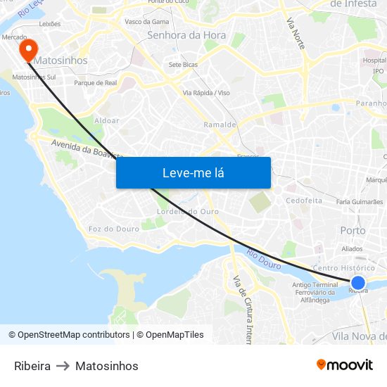 Ribeira to Matosinhos map