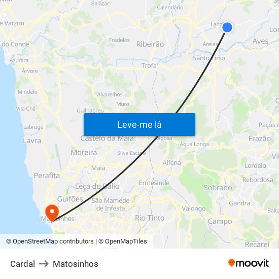 Cardal - Landim to Matosinhos map