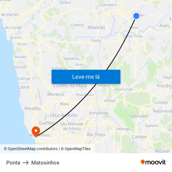 Ponte (Landim) to Matosinhos map