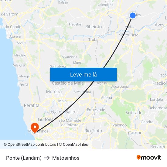 Ponte (Landim) to Matosinhos map