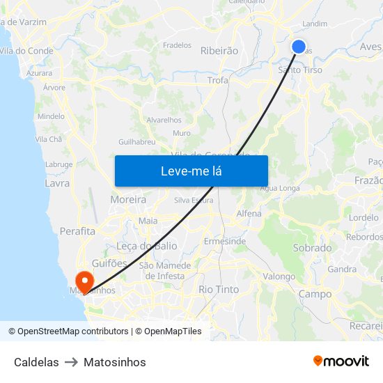 Caldelas to Matosinhos map