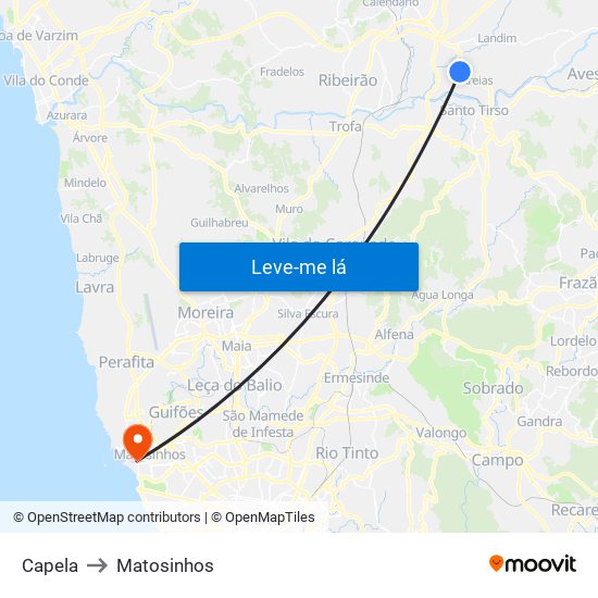 Capela to Matosinhos map