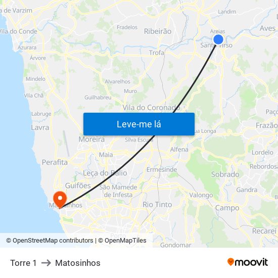 Torre 1 to Matosinhos map