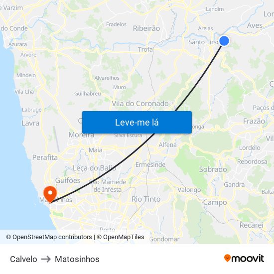 Calvelo to Matosinhos map