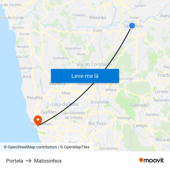 Portela to Matosinhos map