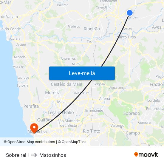 Sobreiral I to Matosinhos map