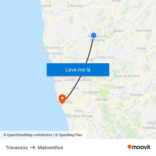 Travassos to Matosinhos map