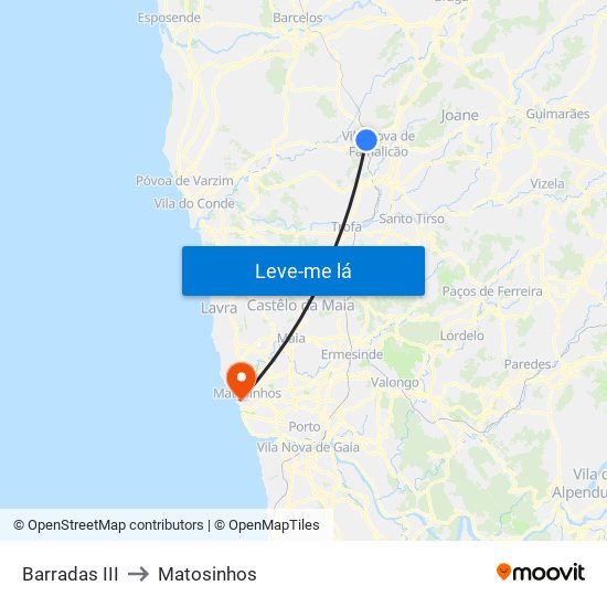 Barradas III to Matosinhos map
