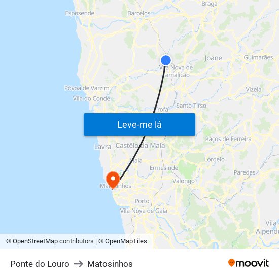 Ponte do Louro to Matosinhos map