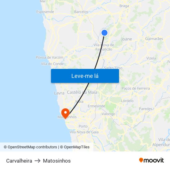 Carvalheira to Matosinhos map