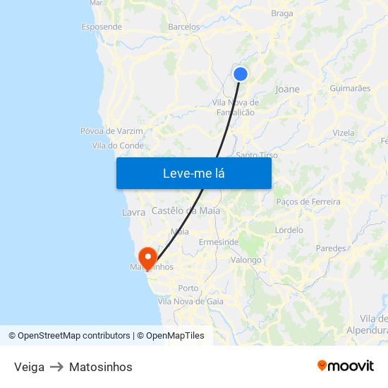 Veiga to Matosinhos map