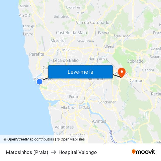 Matosinhos (Praia) to Hospital Valongo map