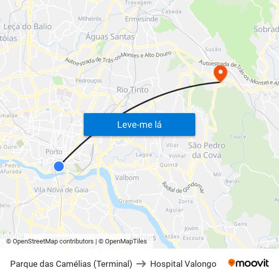 Parque das Camélias (Terminal) to Hospital Valongo map